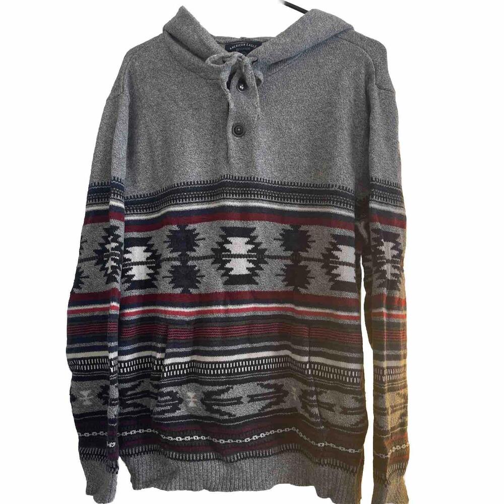 American Eagle mens sweater AE drawstring  ￼hood pullover long sleeve grey large